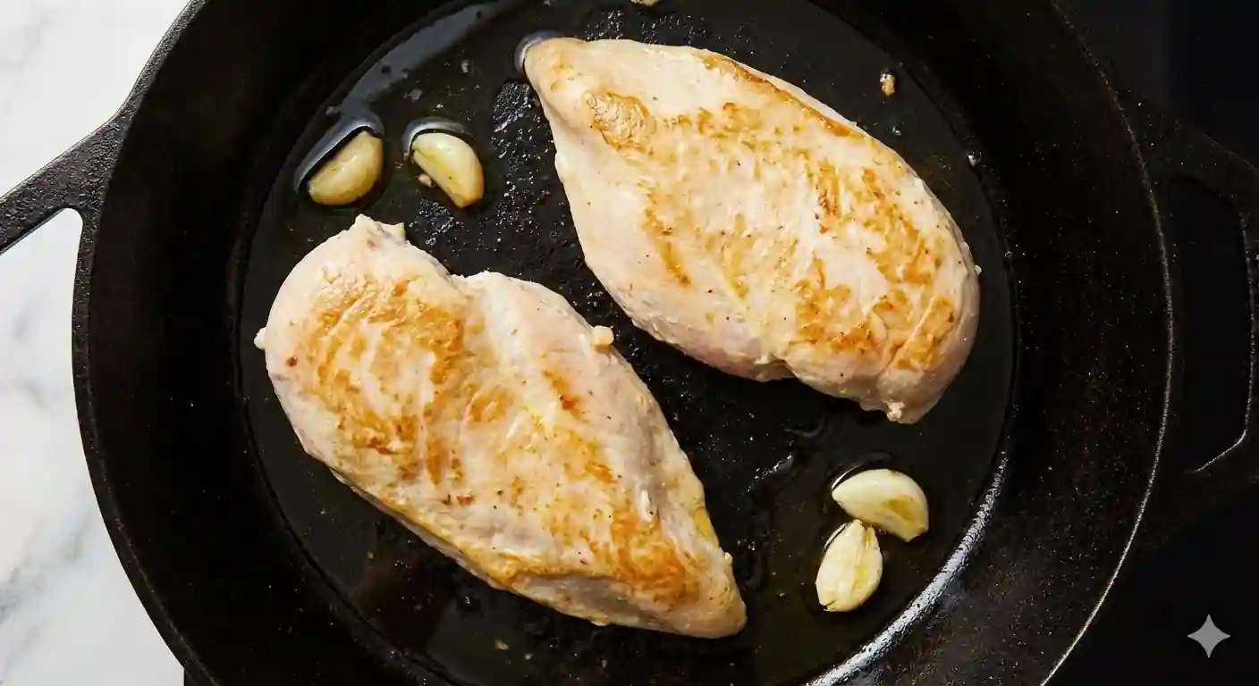 Two seared boneless chicken breasts cooking in a hot cast iron skillet with garlic cloves.