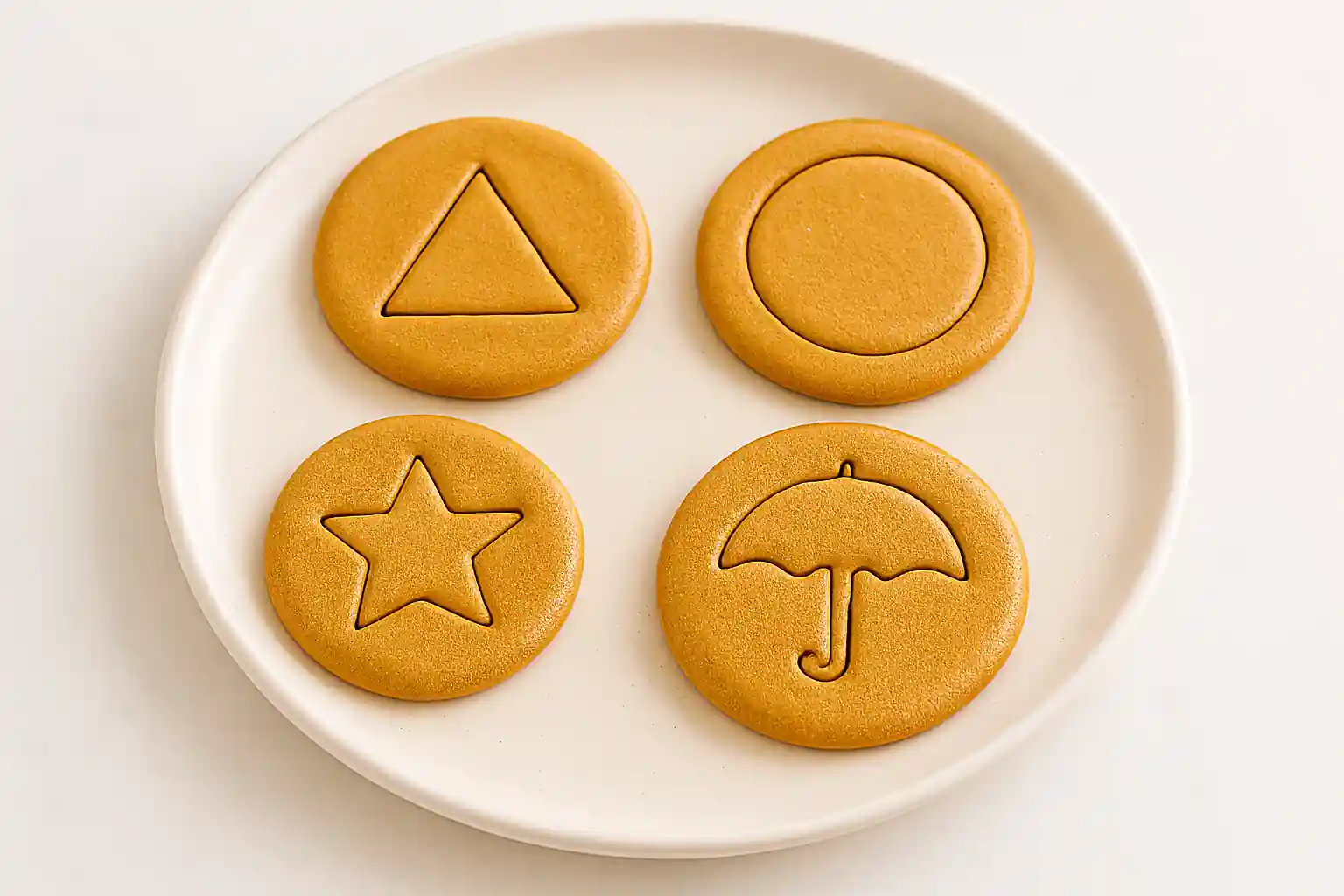 Squid Game dalgona cookies with circle, triangle, star, and umbrella shapes plated on ceramic dish