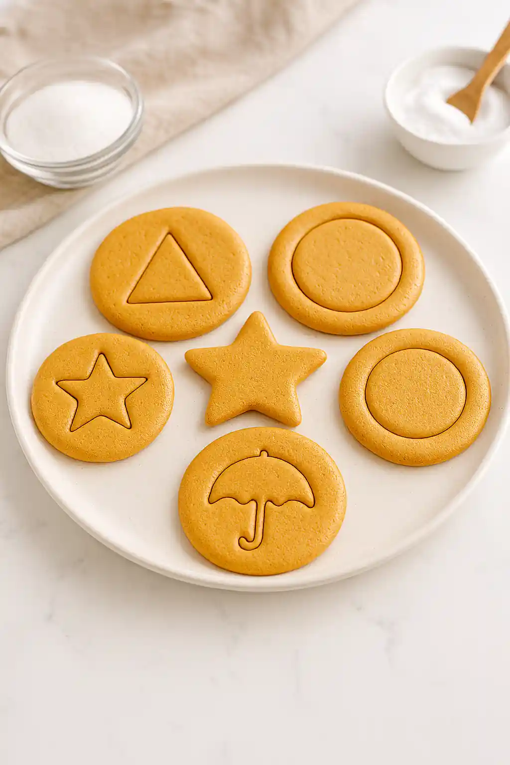 Homemade Ssquid game cookie recipe dalgona cookie with umbrella shape plated on ceramic dish in bright kitchen