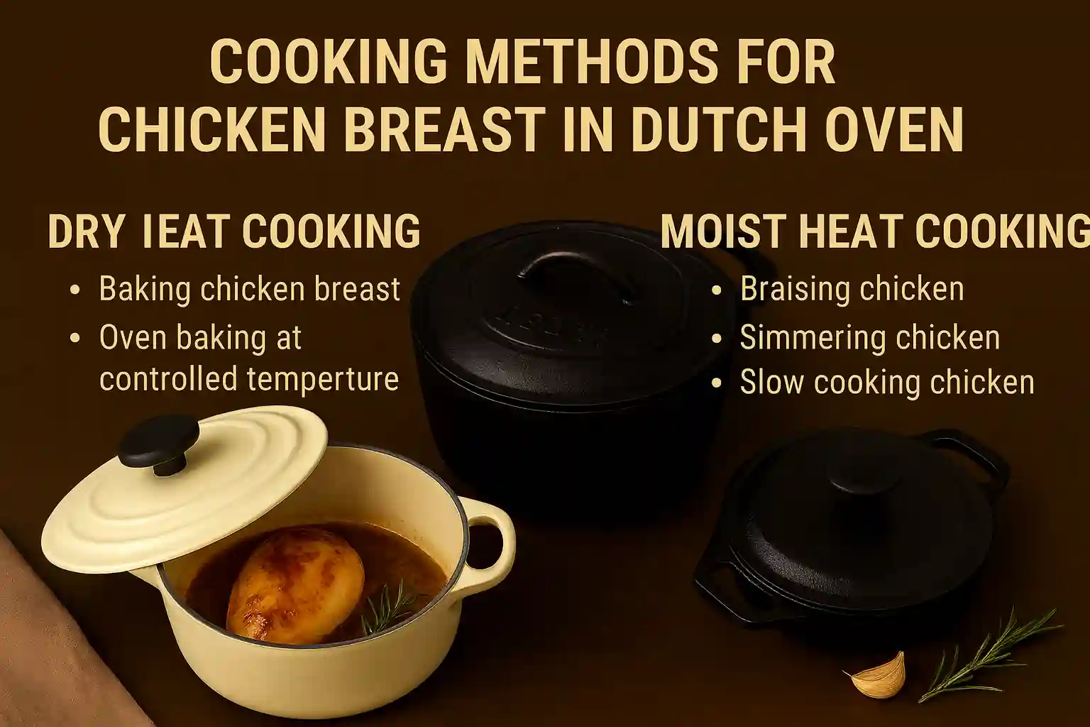 Split scene showing chicken breast baking in a Dutch oven inside an oven (dry heat) and simmering in broth on a stovetop (moist heat), with herbs and steam rising