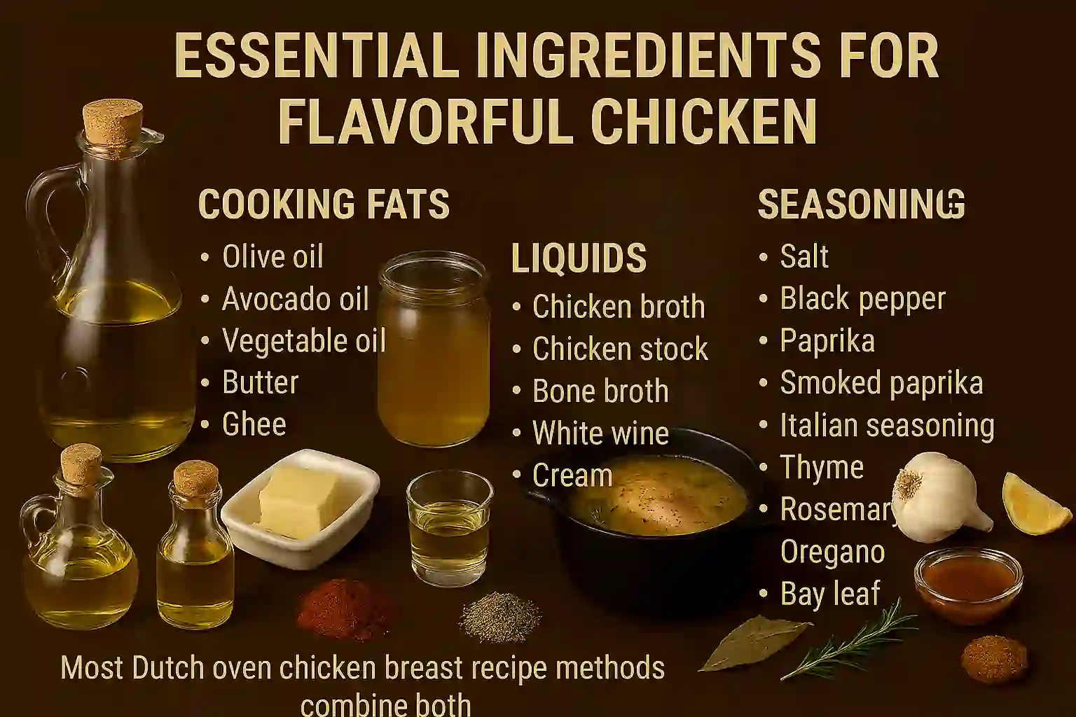 Assorted ingredients for flavorful chicken including oils, broths, spices, herbs, and aromatics arranged on a rustic surface