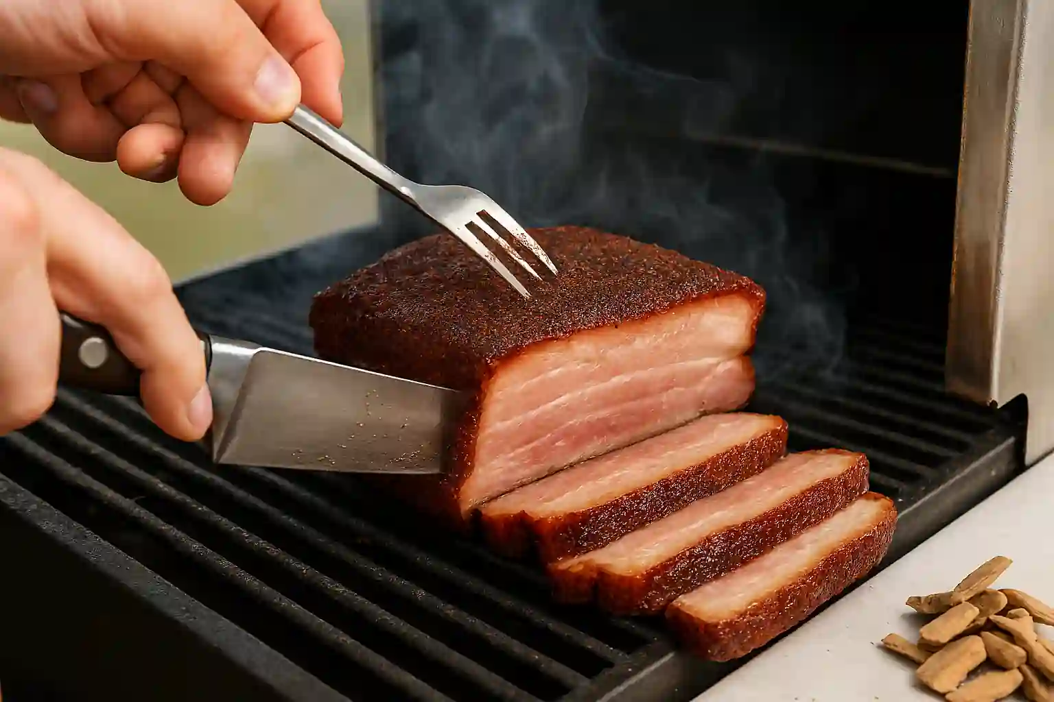 Smoked pork belly slices showcasing low and slow, hot smoked, and cold smoked techniques on a white platter