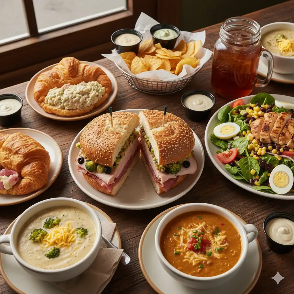 A vibrant spread of Jason's Deli menu items including sandwiches, salads, soups, and drinks on a rustic wooden table, showcasing fresh, delicious options.