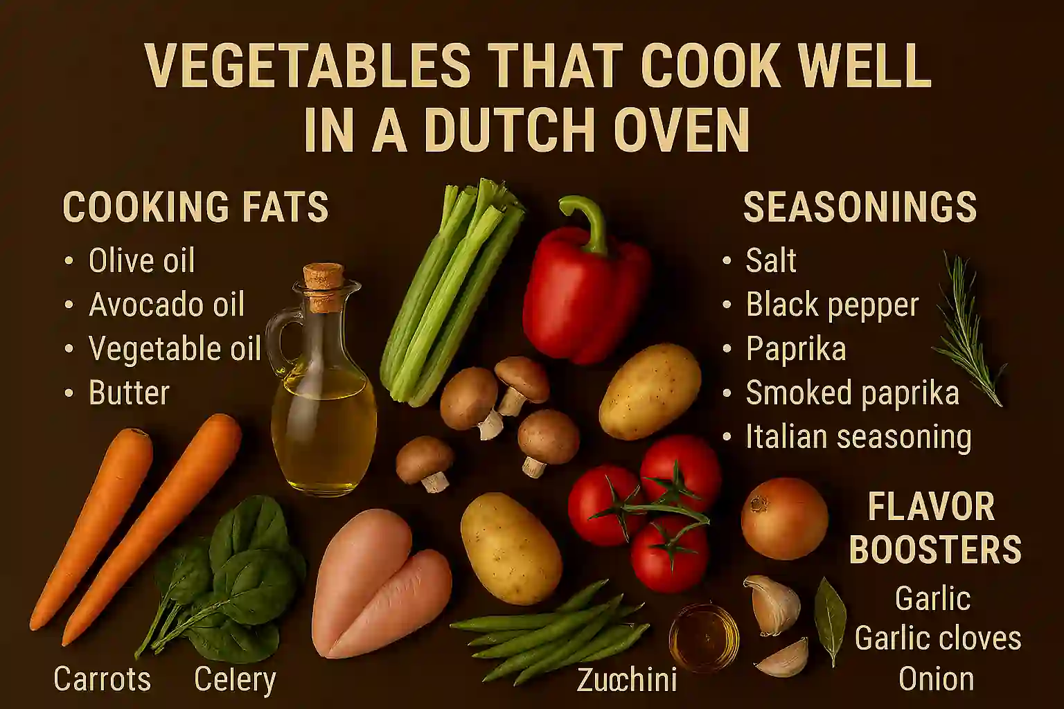 Assorted vegetables including carrots, celery, zucchini, mushrooms, potatoes, tomatoes, spinach, bell peppers, and green beans arranged with cooking fats and seasonings on a dark background
