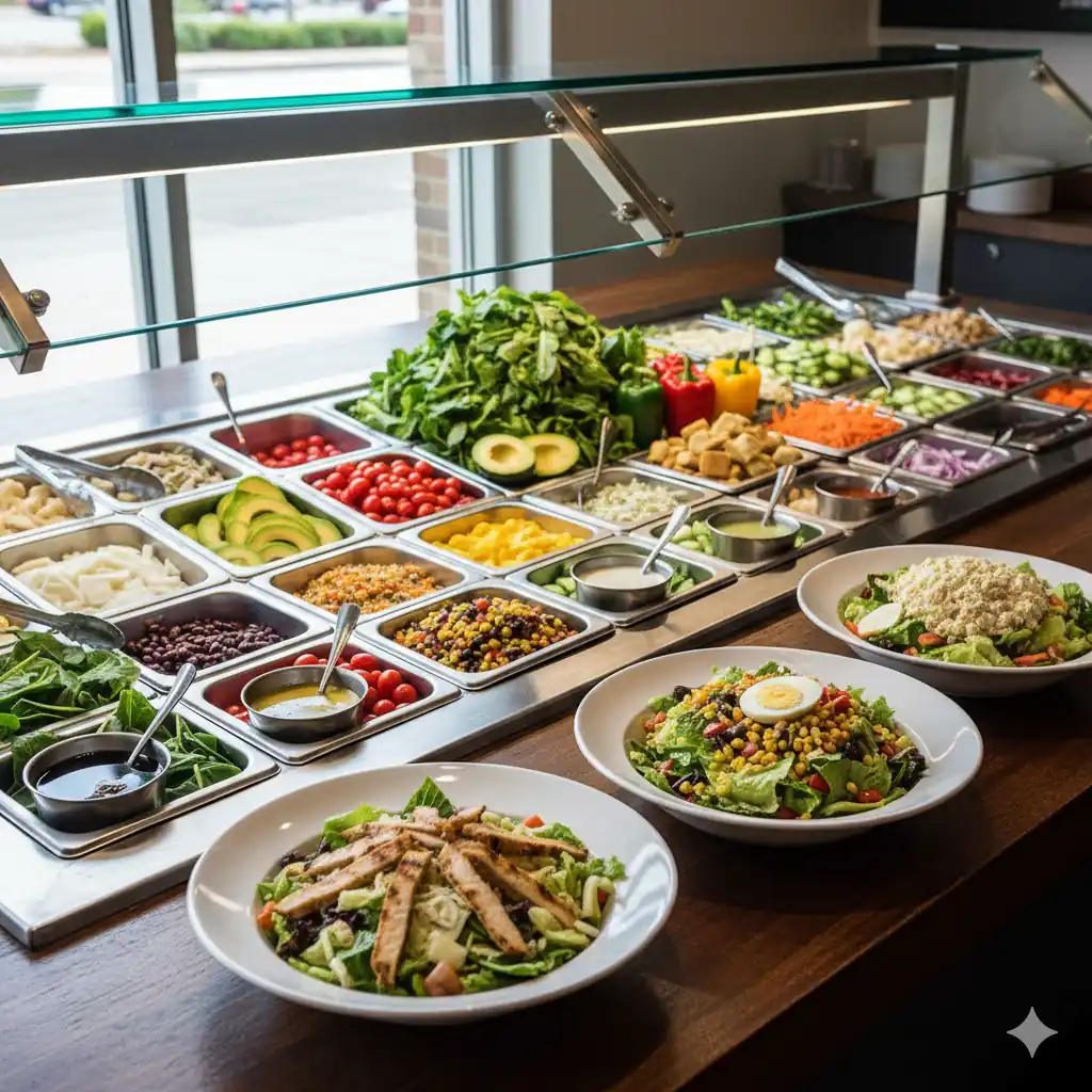 A colorful and expansive Jason's Deli salad bar with fresh ingredients like avocado, roasted corn, black beans, and greens, alongside pre-made salads.