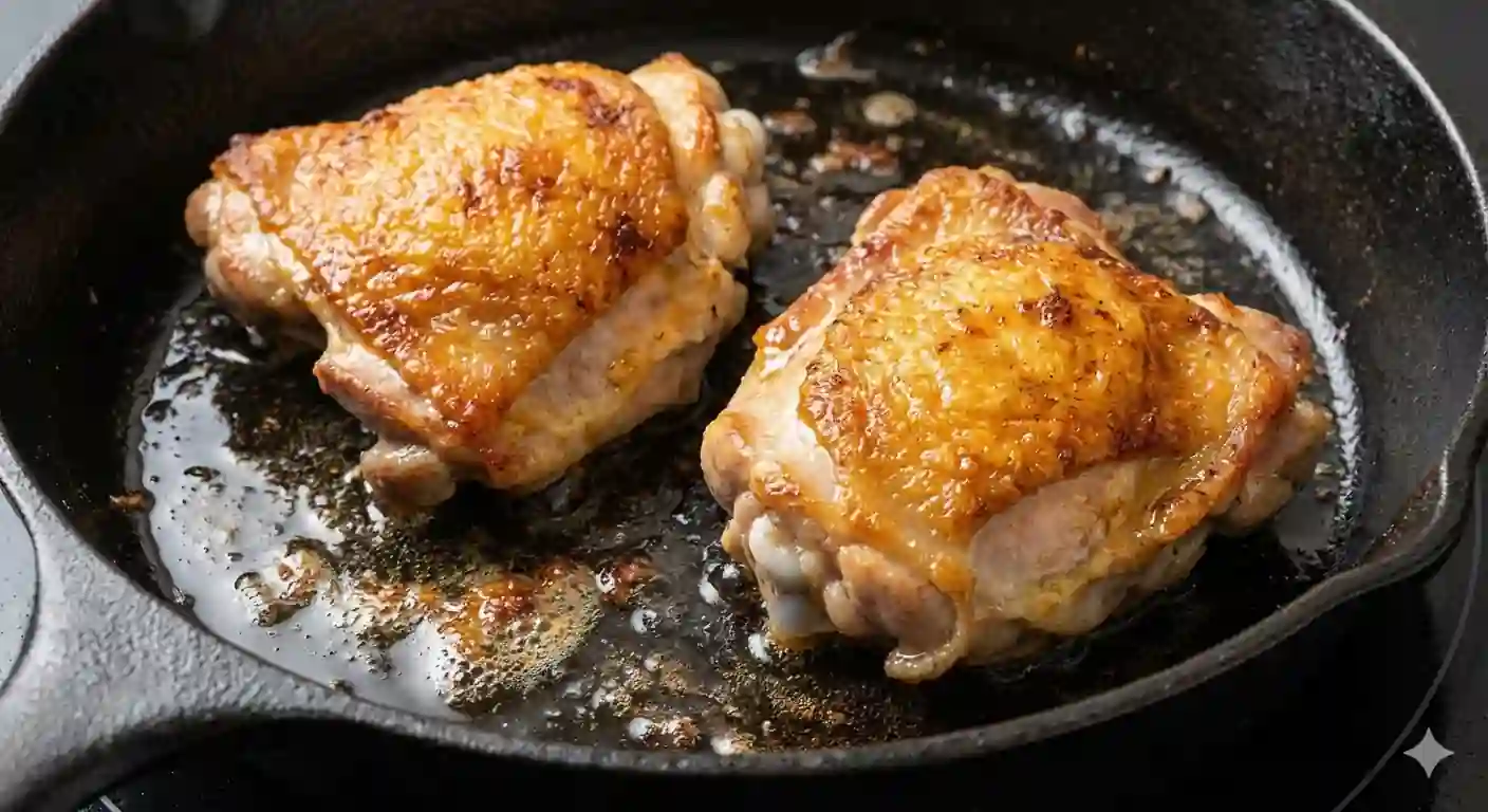 Two crispy skin-on chicken thighs sizzling in a black cast iron skillet. Title: Crispy Skin-On Chicken Thighs