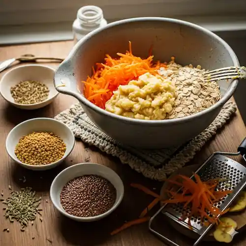Mixing shredded carrots, mashed bananas, oats, and seeds in a large bowl for a healthy baking recipe on a wooden surface