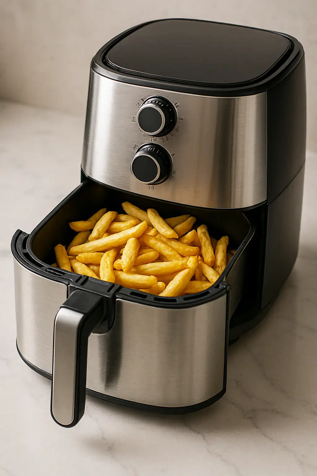 Modern stainless steel air fryer with crispy golden fries in the basket, placed on a white marble countertop—ideal appliance for making perfect French fries at home.
