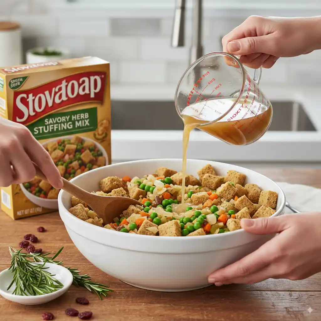 Pouring broth into savory herb stuffing mix with peas, carrots, and corn in a white bowl during holiday meal prep