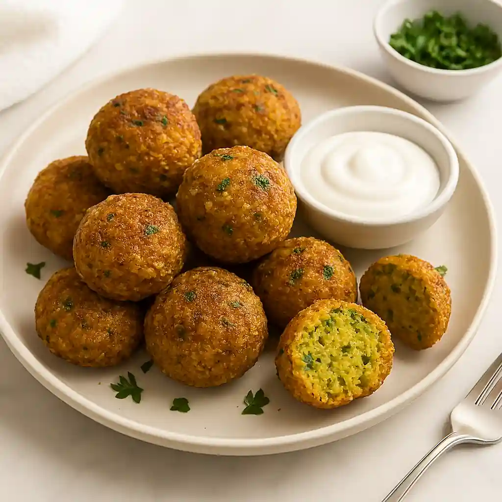 Golden chickpea flour falafel balls with creamy tahini sauce and fresh parsley, plated in bright natural kitchen lighting.
