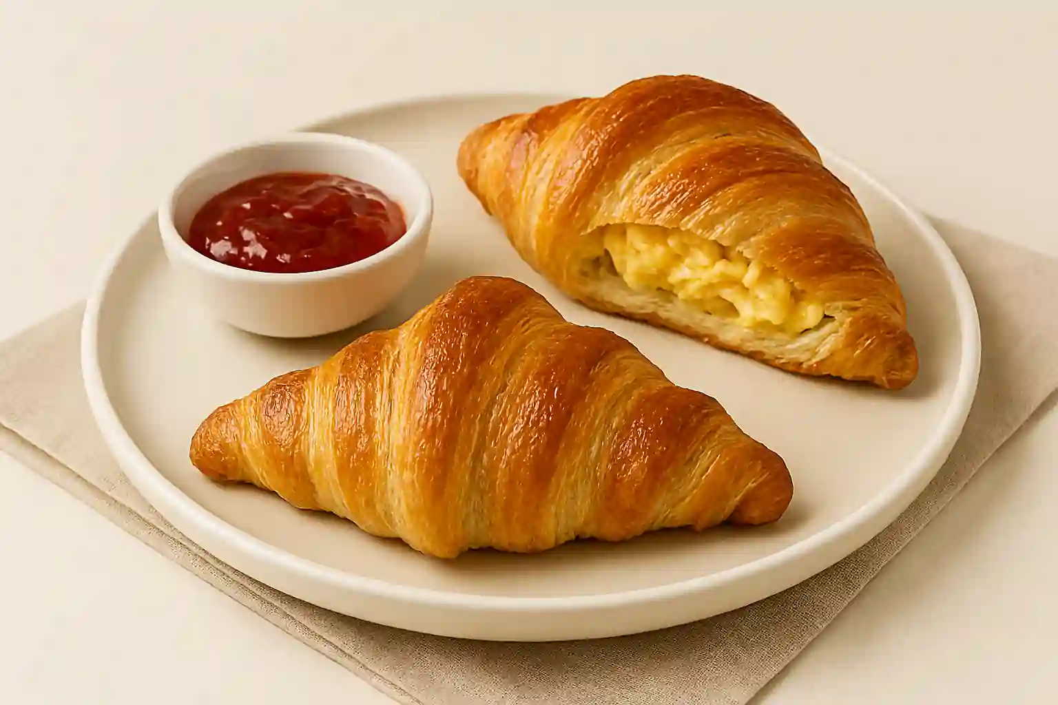 Swiss Gipfeli served with jam and scrambled eggs on ceramic plate in bright kitchen setting