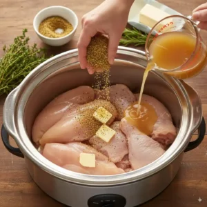 Raw chicken breasts in a slow cooker topped with butter, fresh herbs, and seasoning mix, as chicken broth is poured in—home-cooked meal prep on a wooden kitchen surface.