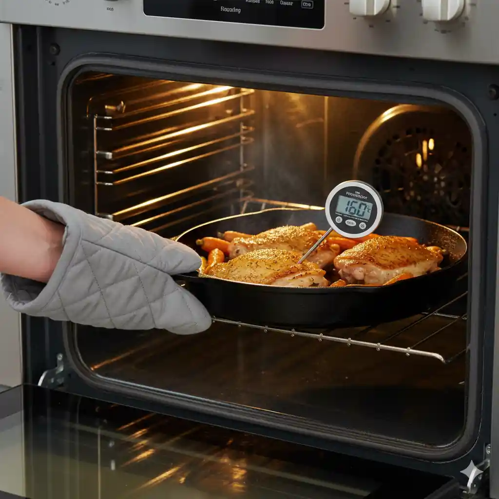 A person wearing a grey oven mitt checking the temperature of roasted chicken thighs and carrots in a cast-iron skillet inside an open oven using a digital meat thermometer