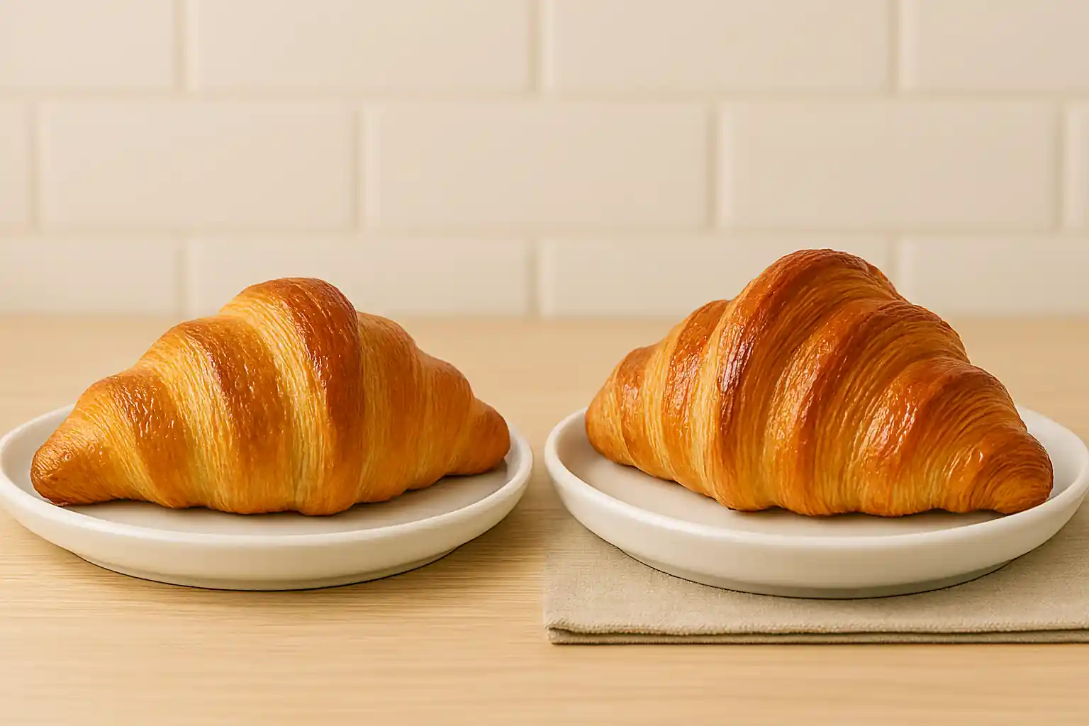 Swiss Gipfeli pastry plated beside a French croissant on white ceramic dishes in bright kitchen light