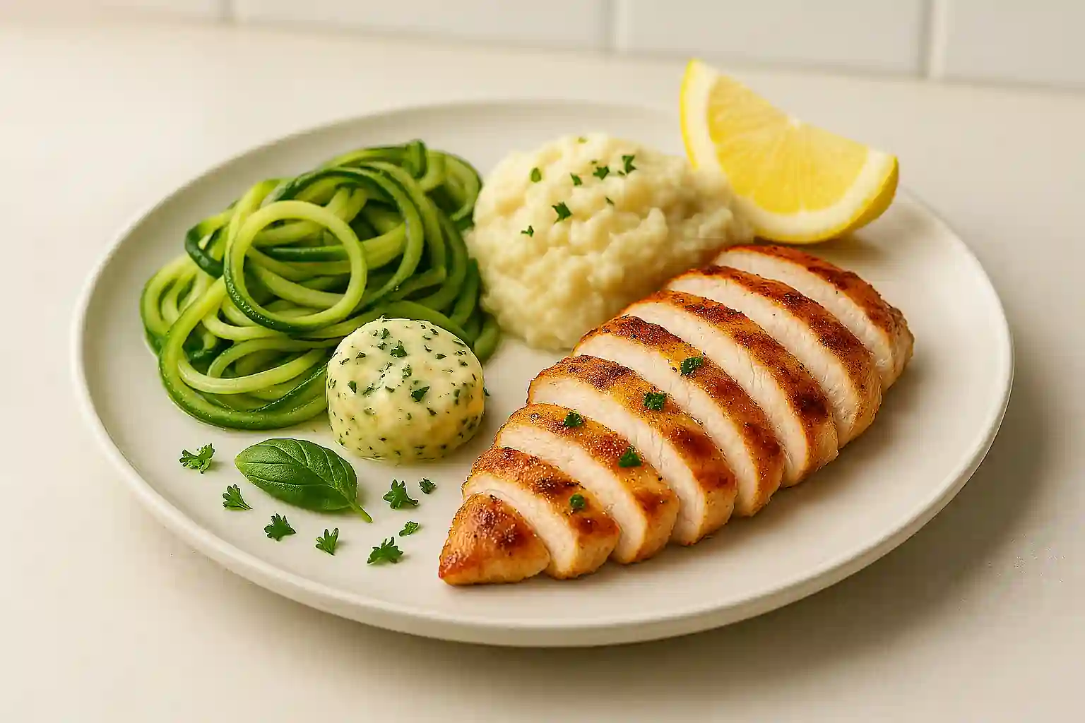 Keto dinner plate with grilled chicken breast, zucchini noodles, garlic herb butter, and lemon wedge in a bright kitchen
