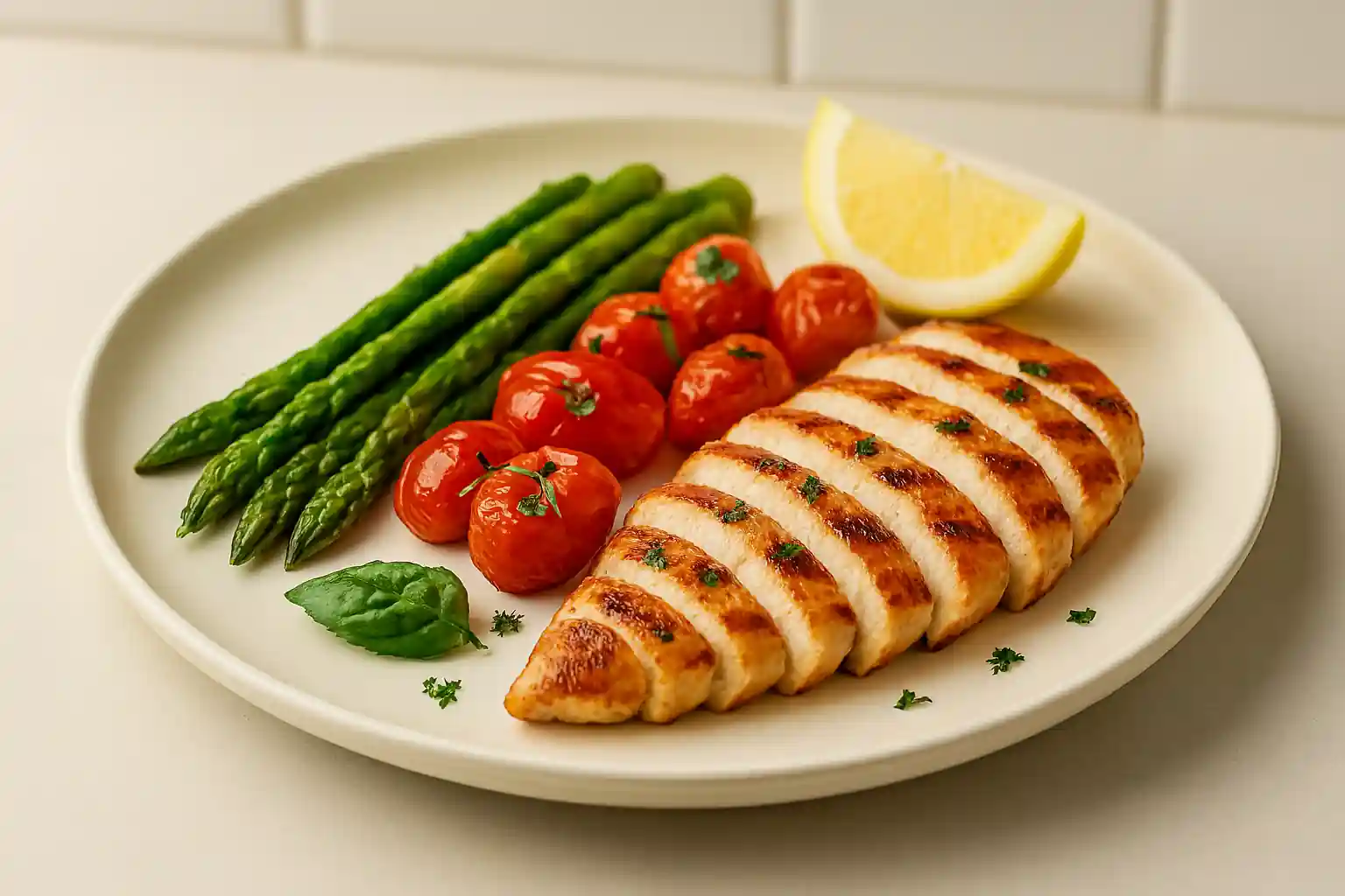 Keto dinner plate with grilled chicken breast, roasted asparagus, blistered cherry tomatoes, and lemon wedge in a bright kitchen