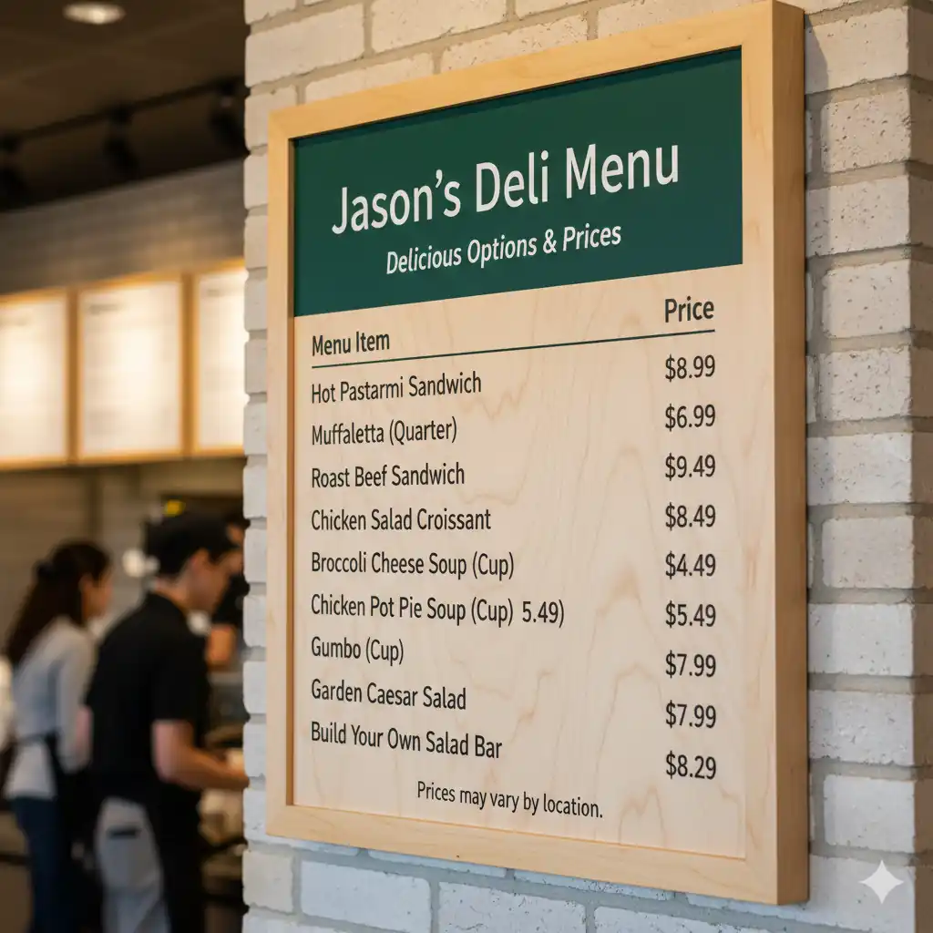 A clear, digital display board showcasing a sample Jason's Deli menu with various items and their corresponding prices in a modern restaurant setting.