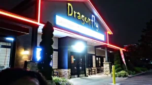 Exterior of Dragonfly restaurant at night, featuring a modern design with stone accents, neon red outlining, and bright signage.