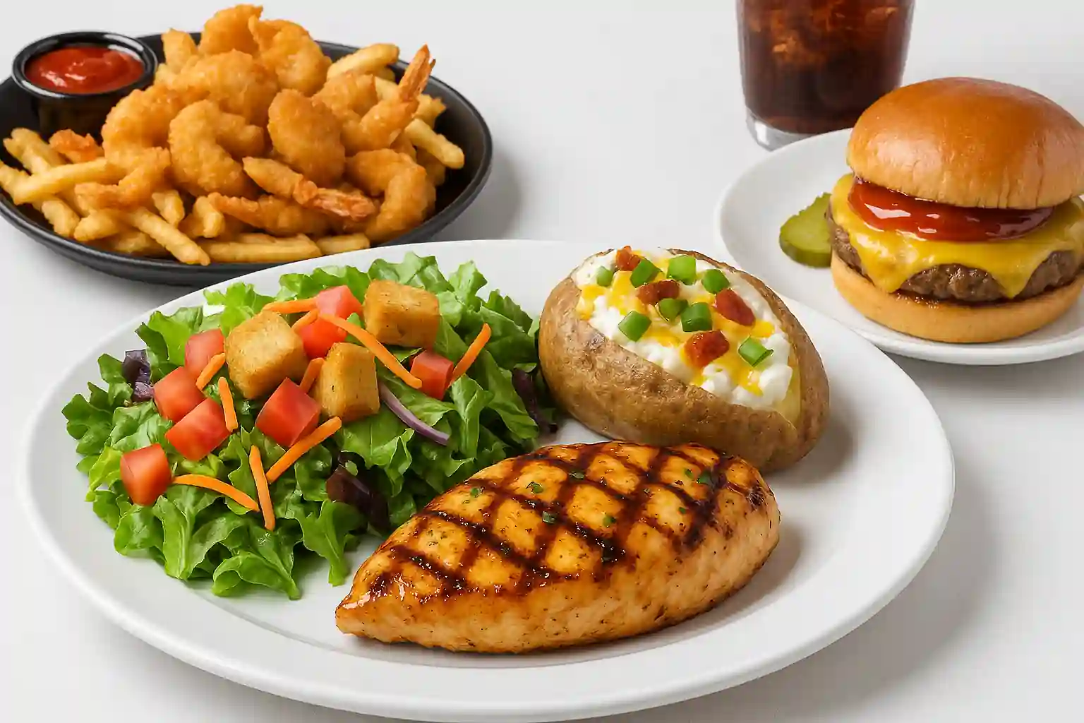 Landscape image showcasing a beautifully arranged Ruby Tuesday meal selection from the Daily Specials & Deals Menu — featuring fresh, vibrant dishes on white plates with soft shadows, colorful garnishes, and a clean, modern background.