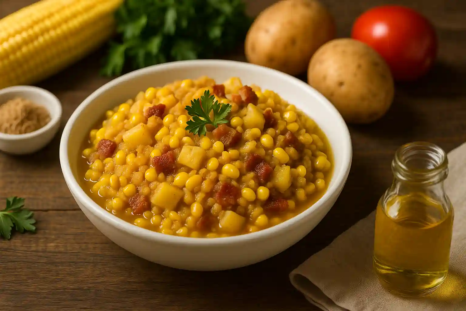 A bowl of authentic moonshine mash beautifully presented on a rustic wooden table, surrounded by fresh ingredients in a cozy kitchen with natural lighting.