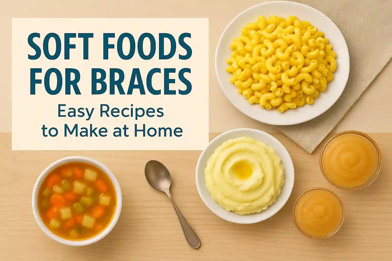 A landscape image featuring a selection of soft foods ideal for people with braces, including mashed potatoes, pasta with creamy sauce, steamed vegetables, and fruit smoothies arranged on a kitchen counter.