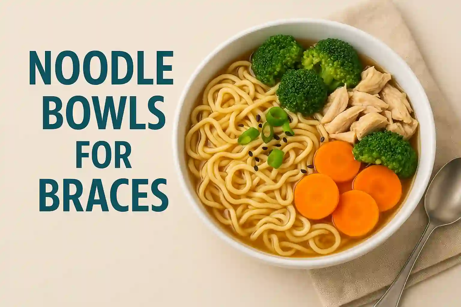 Soft Foods for Braces: Easy Recipes to Make at Home | Braces-Friendly Meal Guide 3 Landscape image of a soft noodle bowl designed for braces wearers, featuring tender noodles, steamed vegetables, and a mild broth, arranged in a ceramic bowl on a wooden surface with soft lighting.