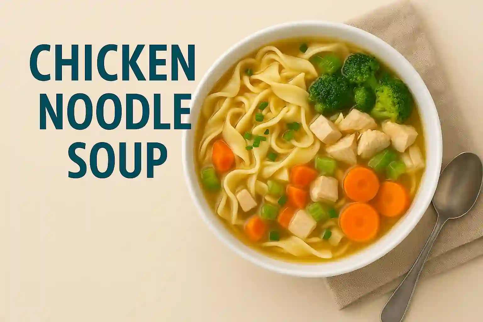 Soft Foods for Braces: Easy Recipes to Make at Home | Braces-Friendly Meal Guide 4 Landscape image of a braces-friendly chicken noodle soup featuring soft shredded chicken, tender egg noodles, and diced vegetables in a golden broth, served in a white ceramic bowl on a rustic wooden table.