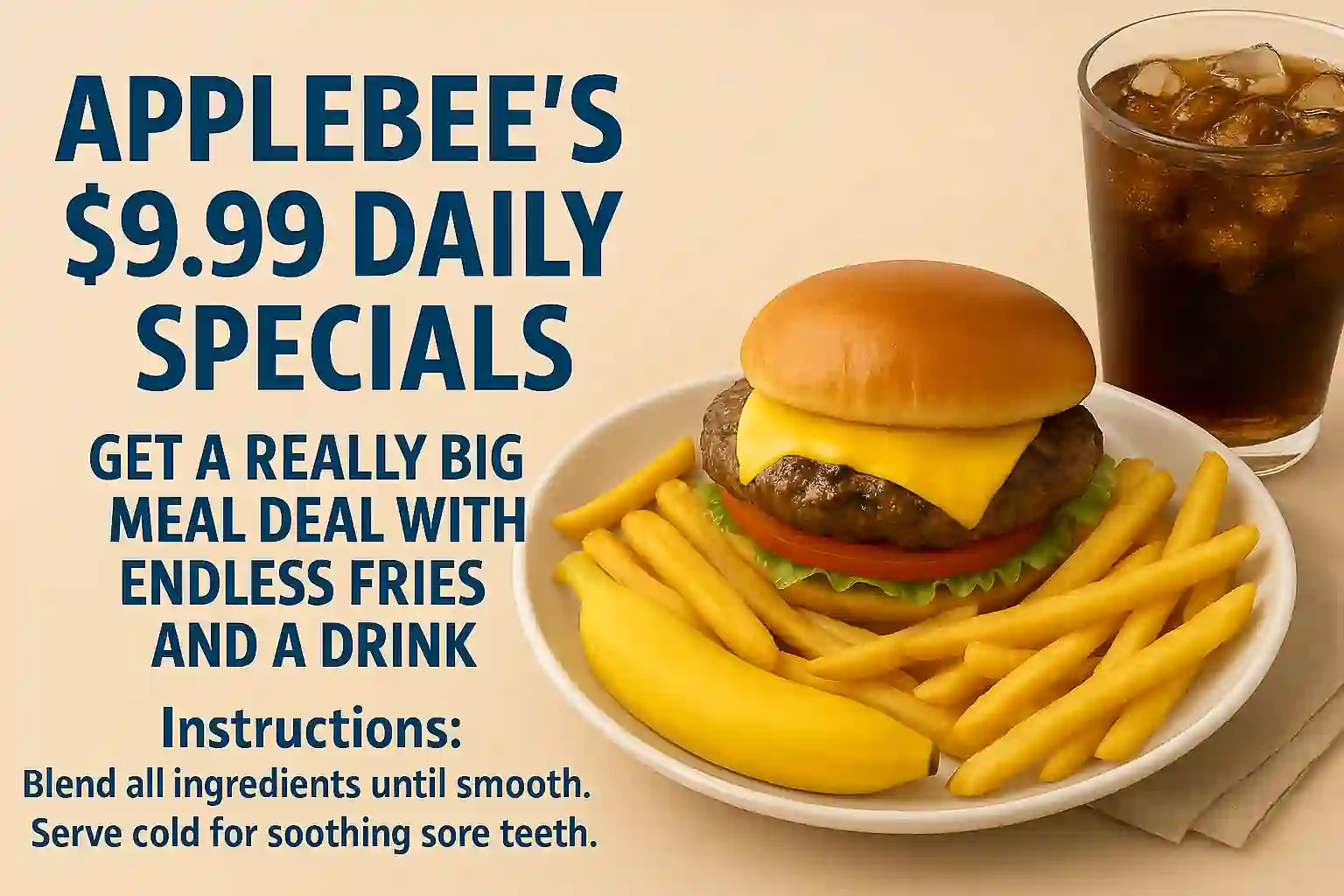 Landscape image of a hearty Applebee’s meal deal featuring a large burger with toppings, endless golden fries, and a soft drink in a branded cup, all set on a restaurant-style table with casual dining ambiance.