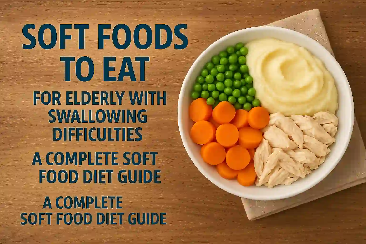 Landscape image showing a variety of soft foods suitable for elderly individuals with swallowing difficulties, including pureed vegetables, mashed potatoes, applesauce, soft scrambled eggs, and creamy soups, served on a tray with utensils and napkins in a warm, homely setting.
