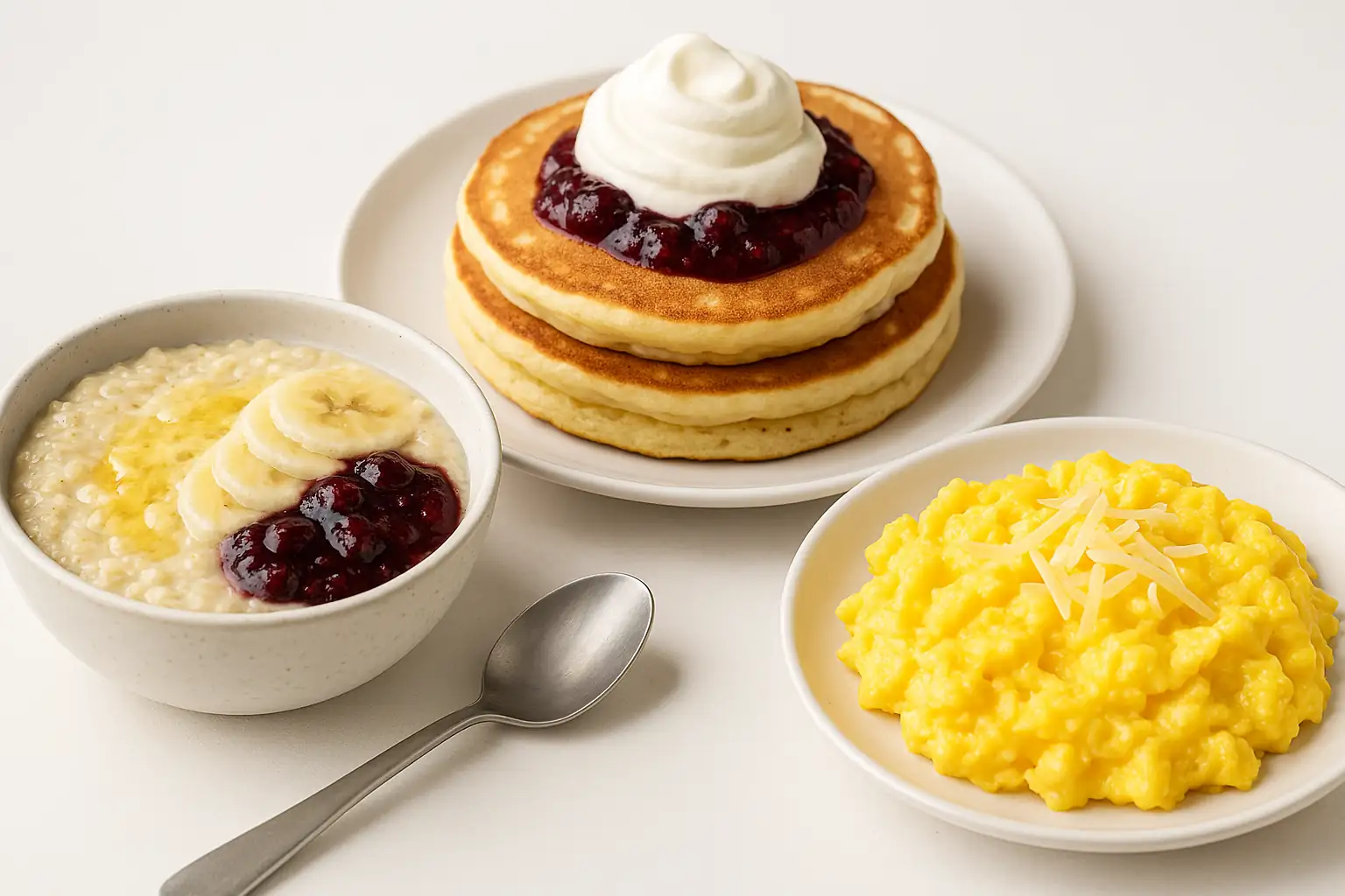 Soft Foods to Eat for Elderly with Swallowing Difficulties — Easy Meal Ideas & Recipes 3 Bright, high-resolution food image showcasing three soft breakfast options: a bowl of creamy oatmeal topped with mashed banana and stewed berries; soft pancakes with whipped cream and fruit purée; and scrambled eggs with melted cheese, all plated cleanly with fresh garnishes on a neutral backdrop.
