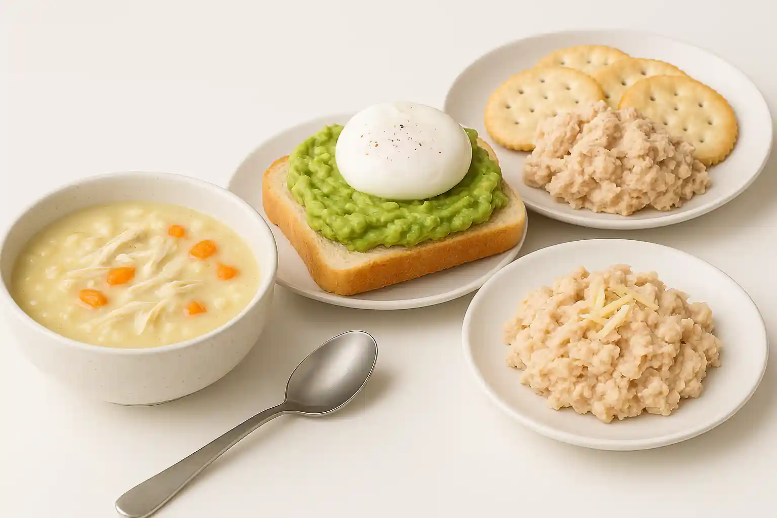 Soft Foods to Eat for Elderly with Swallowing Difficulties — Easy Meal Ideas & Recipes 4 High-resolution image of three soft lunch options: creamy chicken soup with shredded chicken and mashed carrots, mashed avocado on crustless bread topped with a poached egg, and tuna salad served on soft crackers—all plated with fresh garnish against a clean, bright background.