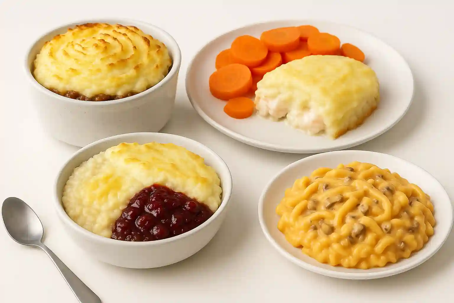 Soft Foods to Eat for Elderly with Swallowing Difficulties — Easy Meal Ideas & Recipes 5 High-resolution image showcasing three hearty soft dinners: classic shepherd’s pie with mashed potato and peas, creamy fish pie with a golden potato topping and soft carrots, and pasta coated in a rich creamy sauce with finely chopped mushrooms, served on clean white plates with a bright, appetizing aesthetic.