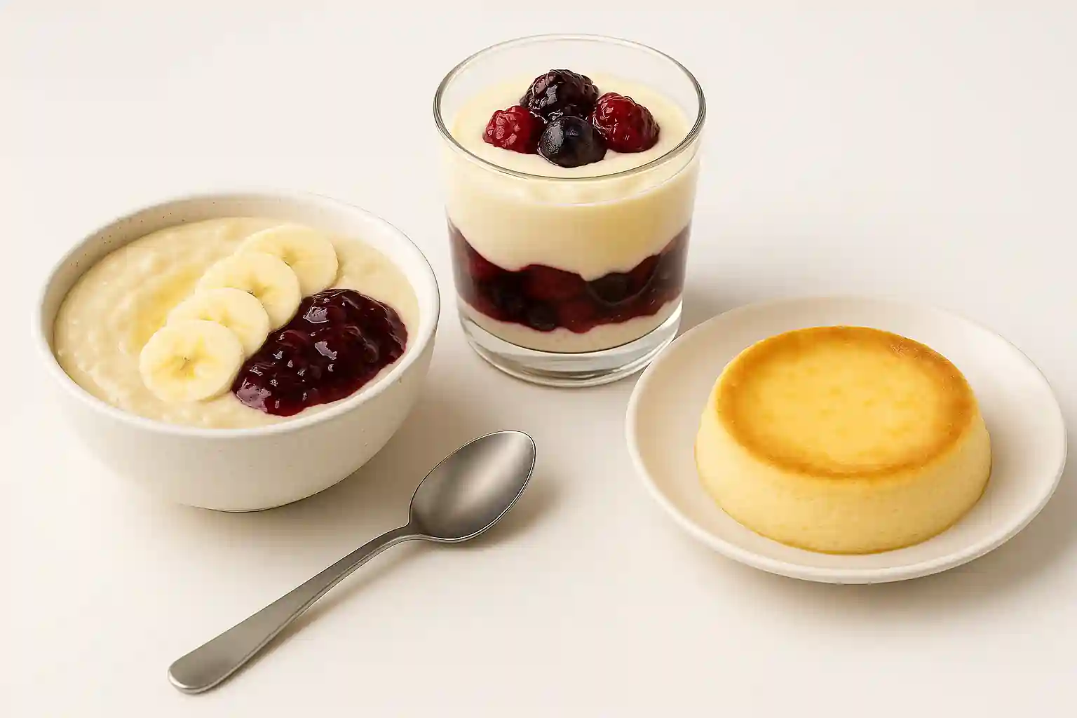 Soft Foods to Eat for Elderly with Swallowing Difficulties — Easy Meal Ideas & Recipes 6 Bright, appetizing food image displaying three soft desserts: smooth banana pudding folded with mashed banana, layered berry yogurt parfait with soft custard, and creamy baked vanilla custard—all beautifully plated with vibrant colors and soft textures on a clean modern background.