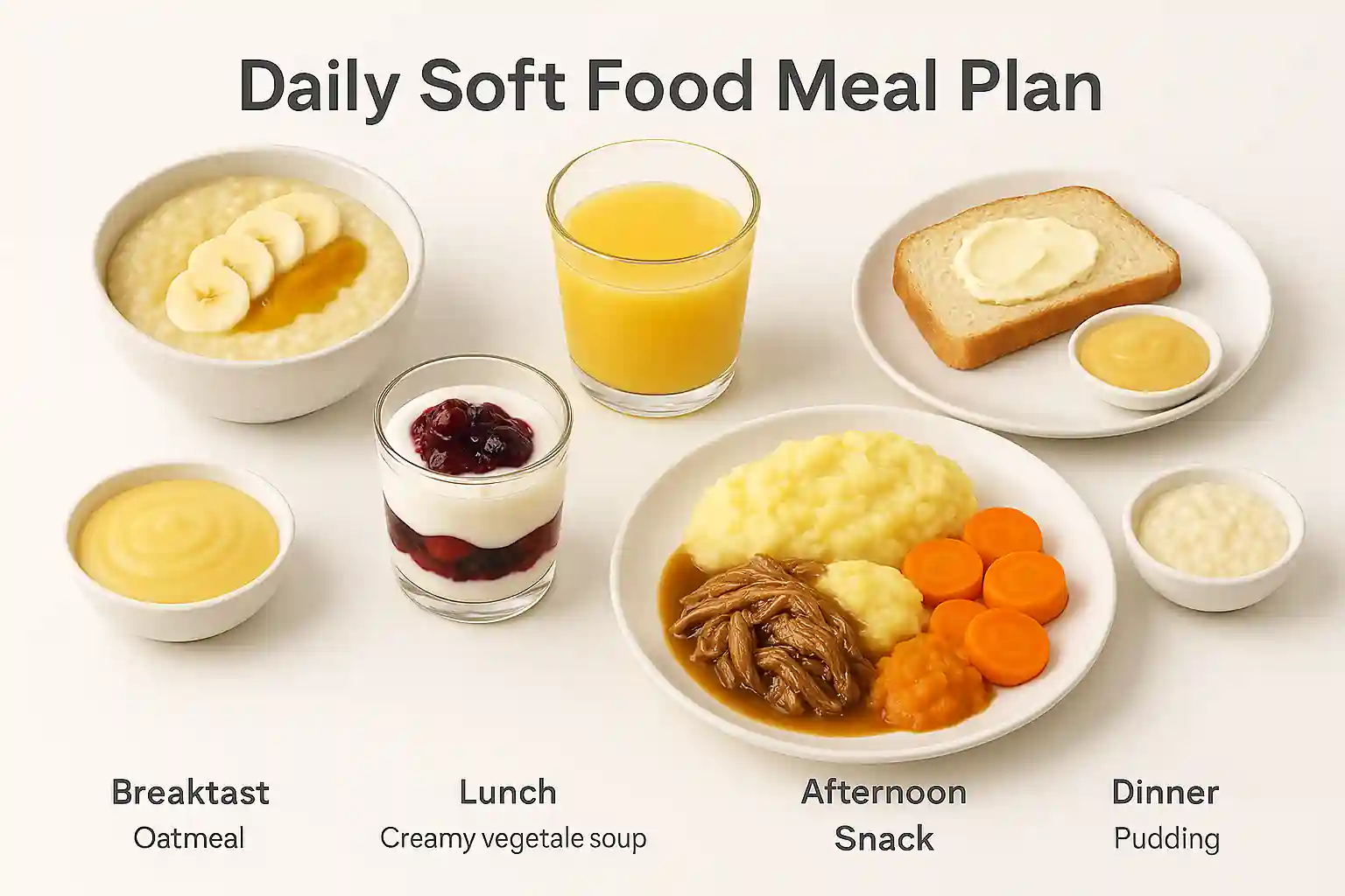 Soft Foods to Eat for Elderly with Swallowing Difficulties — Easy Meal Ideas & Recipes 2 High-resolution image displaying a complete soft food meal plan: breakfast with oatmeal, mashed banana, scrambled eggs, and juice; mid-morning yogurt with stewed berries; lunch featuring creamy vegetable soup, soft bread with cheese, and applesauce; afternoon snack of pudding; dinner with tender pulled pork, mashed potatoes, squash mash, cooked carrots, and rice pudding—all plated in bright, modern settings with fresh garnishes.