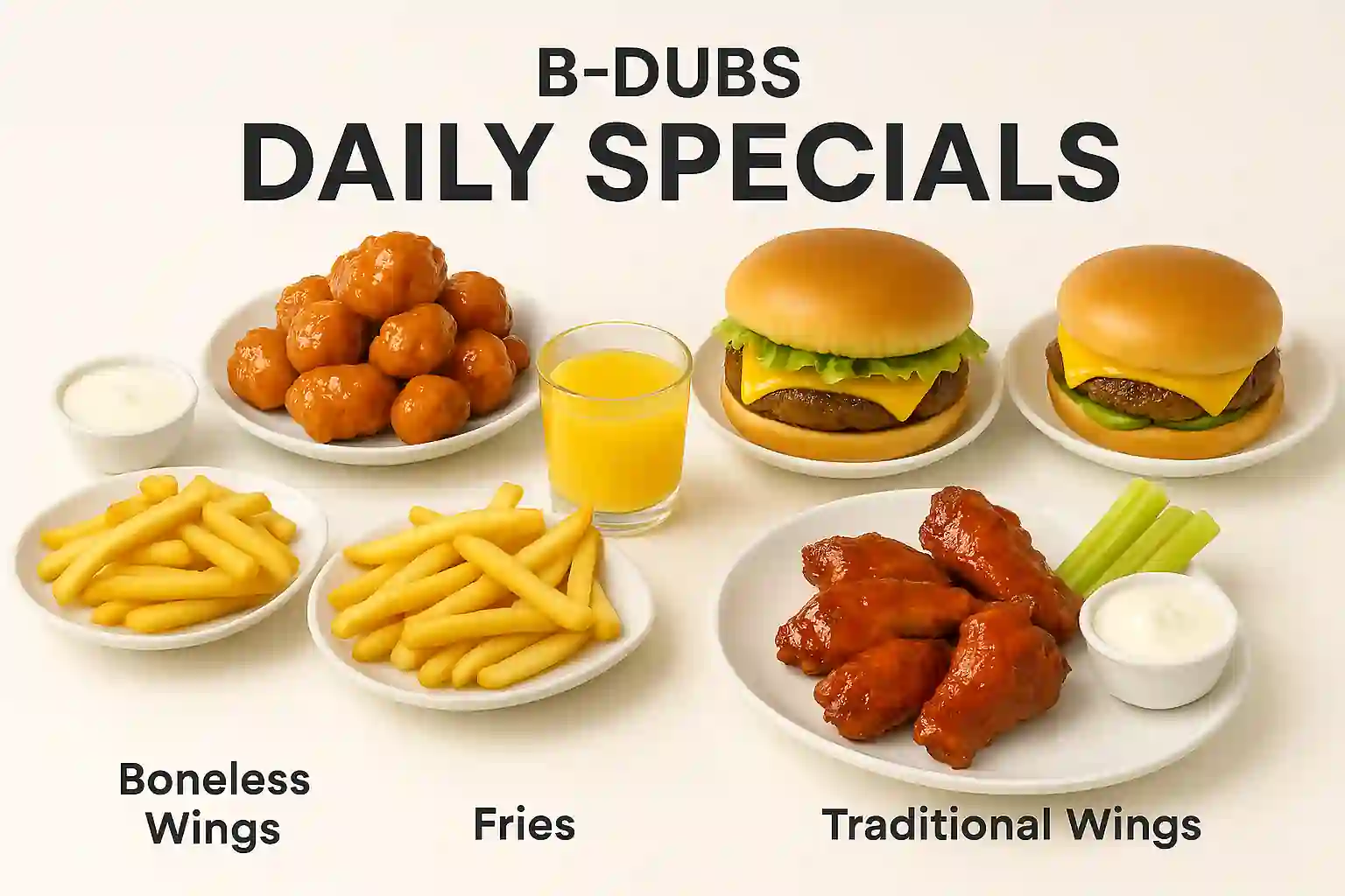 Panoramic high-resolution image displaying Buffalo Wild Wings daily specials: saucy chicken wings with ranch and BBQ dip, a stacked burger with lettuce, tomato, and cheese, golden fries, and celery sticks—all presented across a wide layout on white plates with colorful garnishes and bright lighting.