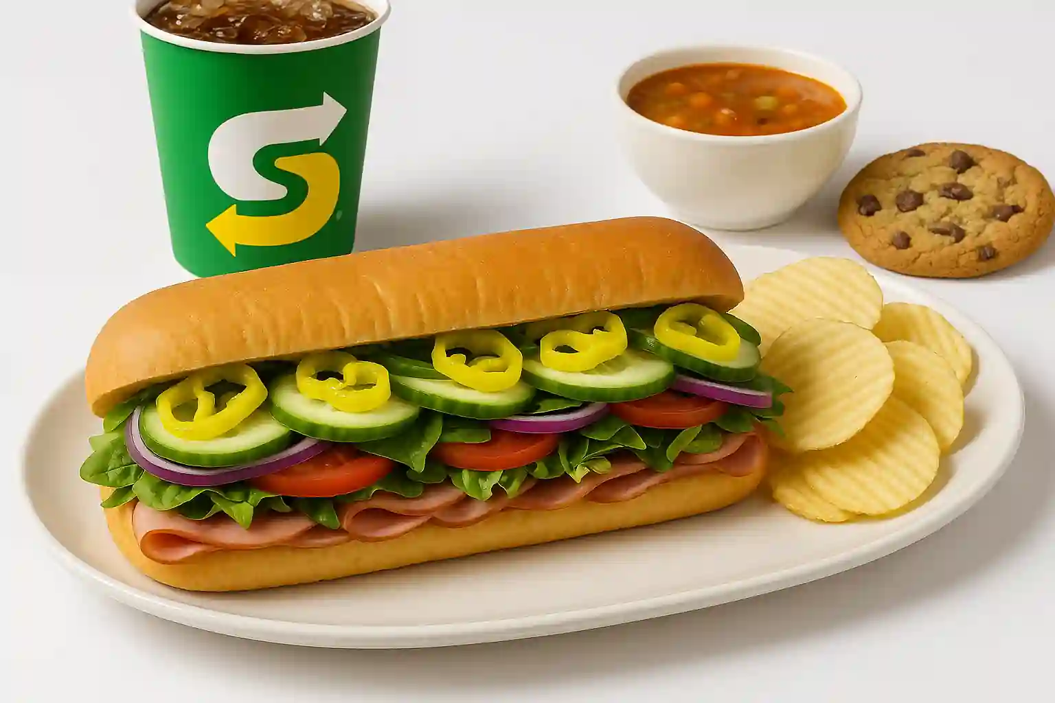 Landscape image of Subway® Daily Specials featuring a fresh, colorful assortment of subs and sides — beautifully plated with crisp vegetables, vibrant sauces, and a clean white background accented by soft shadows and modern styling.