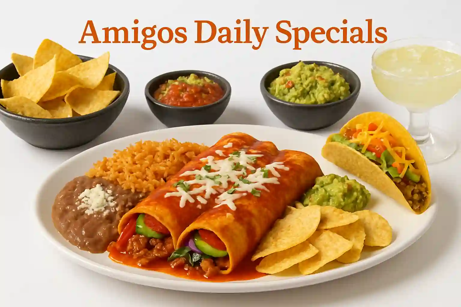 Landscape image of Amigos Daily Specials featuring a colorful Mexican meal spread — tacos, enchiladas, and fresh sides arranged with vibrant garnishes, soft shadows, and modern plating on a clean, inviting background. "Amigos Daily Specials" title is prominently displayed on the image.