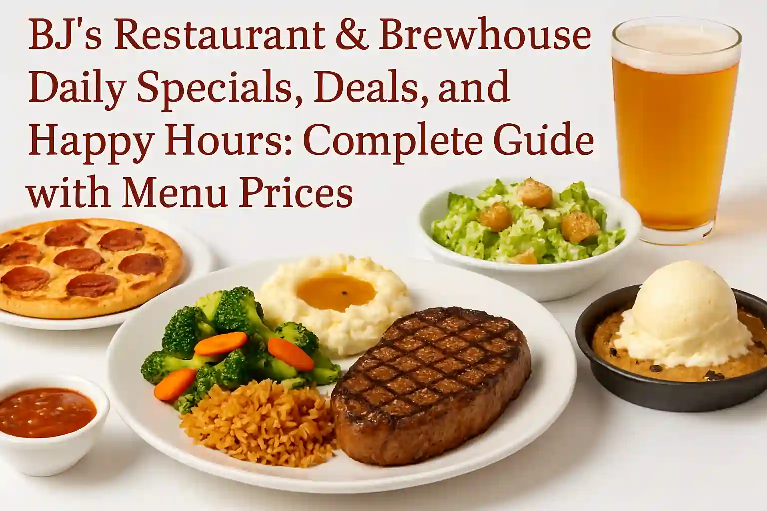Landscape image of BJ’s Restaurant Brewhouse Daily Specials featuring a vibrant selection of signature dishes like deep-dish pizza, burgers, pasta, and a frosty craft beer. Plates are well-composed with colorful garnishes, soft shadows, and a clean white background. The title “BJ’s Restaurant Brewhouse Daily Specials, Deals, and Happy Hours: Complete Guide with Menu Prices” appears prominently in modern, legible font.