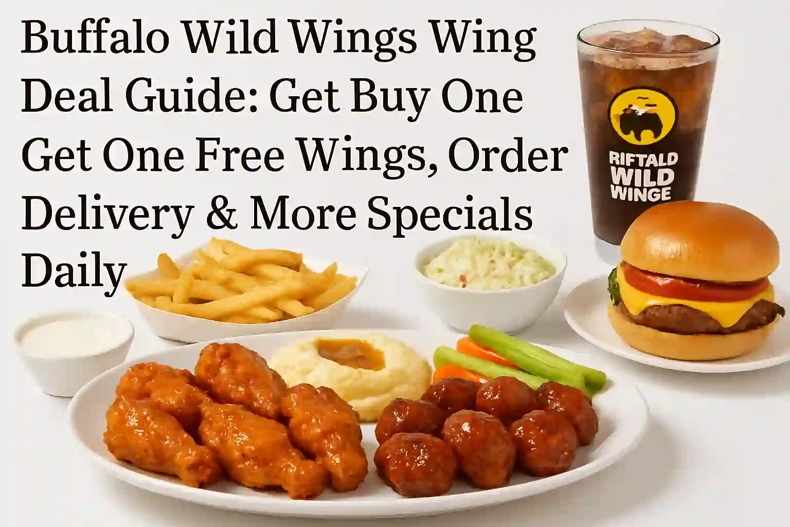 Landscape image of Buffalo Wild Wings Daily Specials showcasing a vibrant plate of wings in various sauces — buffalo, honey BBQ, and garlic parmesan — served with crisp celery sticks and dipping sauces. Soft shadows and a clean white background enhance the modern, appetizing layout. The title “Buffalo Wild Wings Wing Deal Guide: Get Buy One Get One Free Wings, Order Delivery & More Specials Daily” is logically placed at the top right in bold, inviting typography.