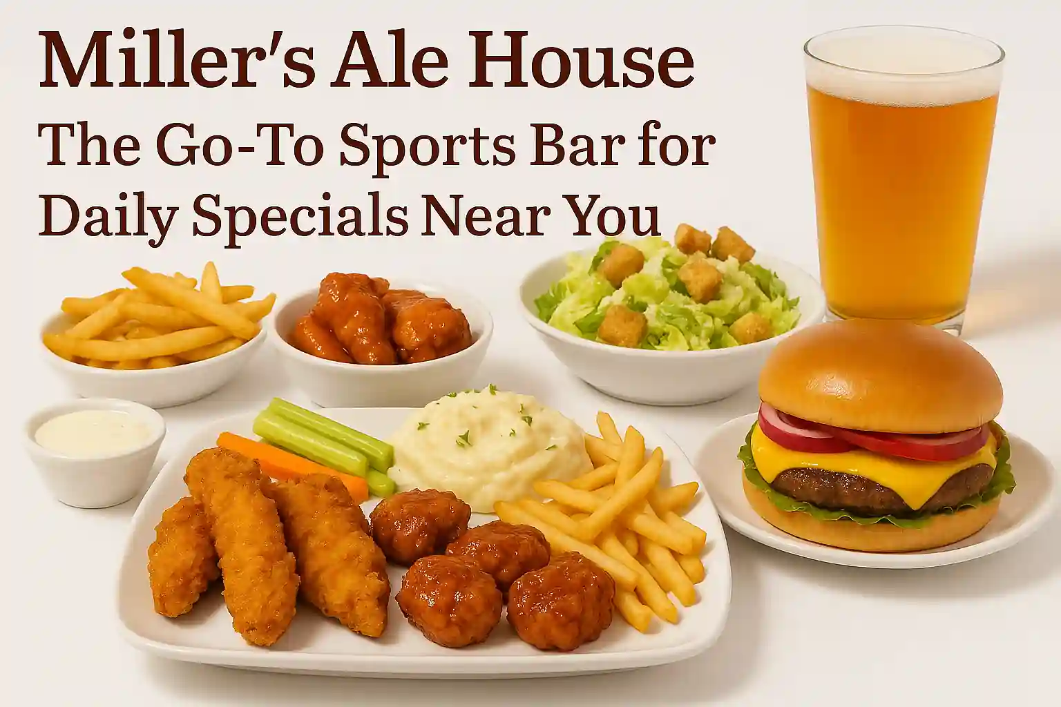 Landscape image of Miller’s Ale House Daily Specials featuring a vibrant sports bar spread — including buffalo wings, sliders, loaded fries, and dipping sauces plated with soft shadows and clean styling on a white background. The short title “Miller’s Ale House Specials” is subtly placed in bold typography on the image.
