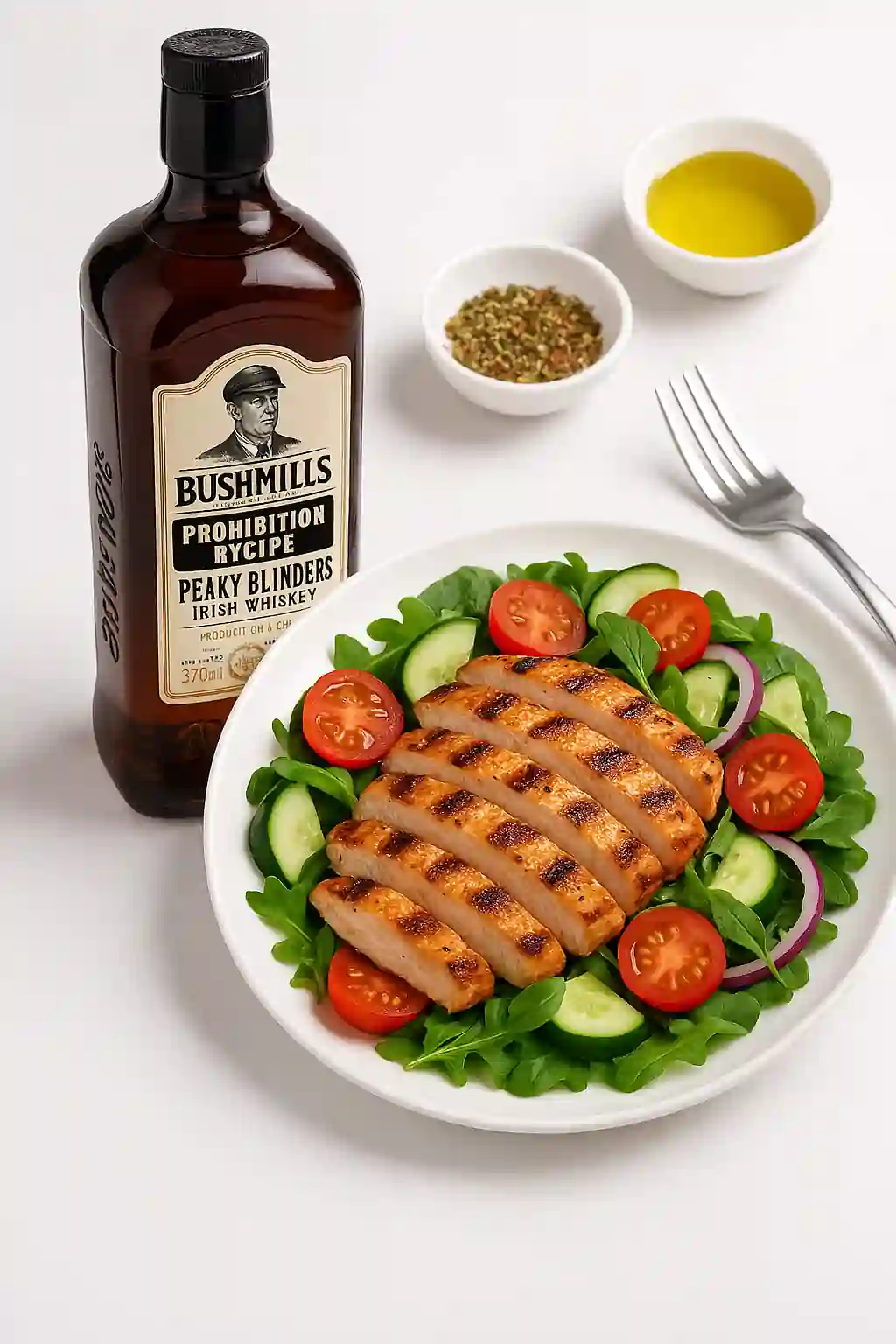 Elegant display of fresh gourmet food alongside Bushmills Prohibition Recipe Peaky Blinders Irish Whiskey VAP; vibrant colors, modern plating, clean background in landscape format.