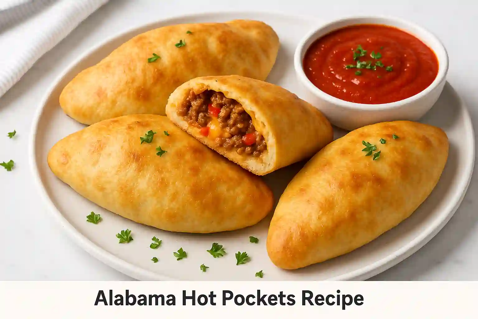 Spicy Alabama Hot Pockets plated on a modern white dish with melted cheese oozing from golden, crispy pastry; surrounded by fresh herbs and soft shadows on a bright clean background.