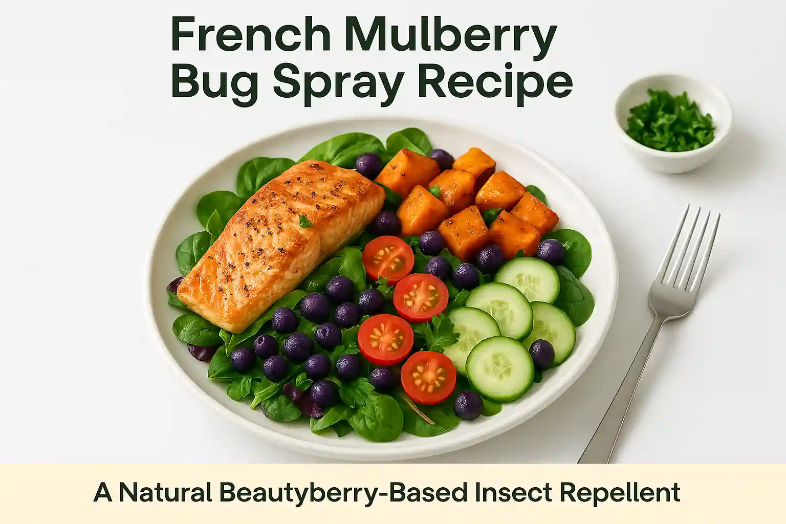 A vibrant, naturally styled dish inspired by the French Mulberry Bug Spray recipe, featuring fresh beautyberry elements in a clean, modern composition with bright colors and soft shadows.