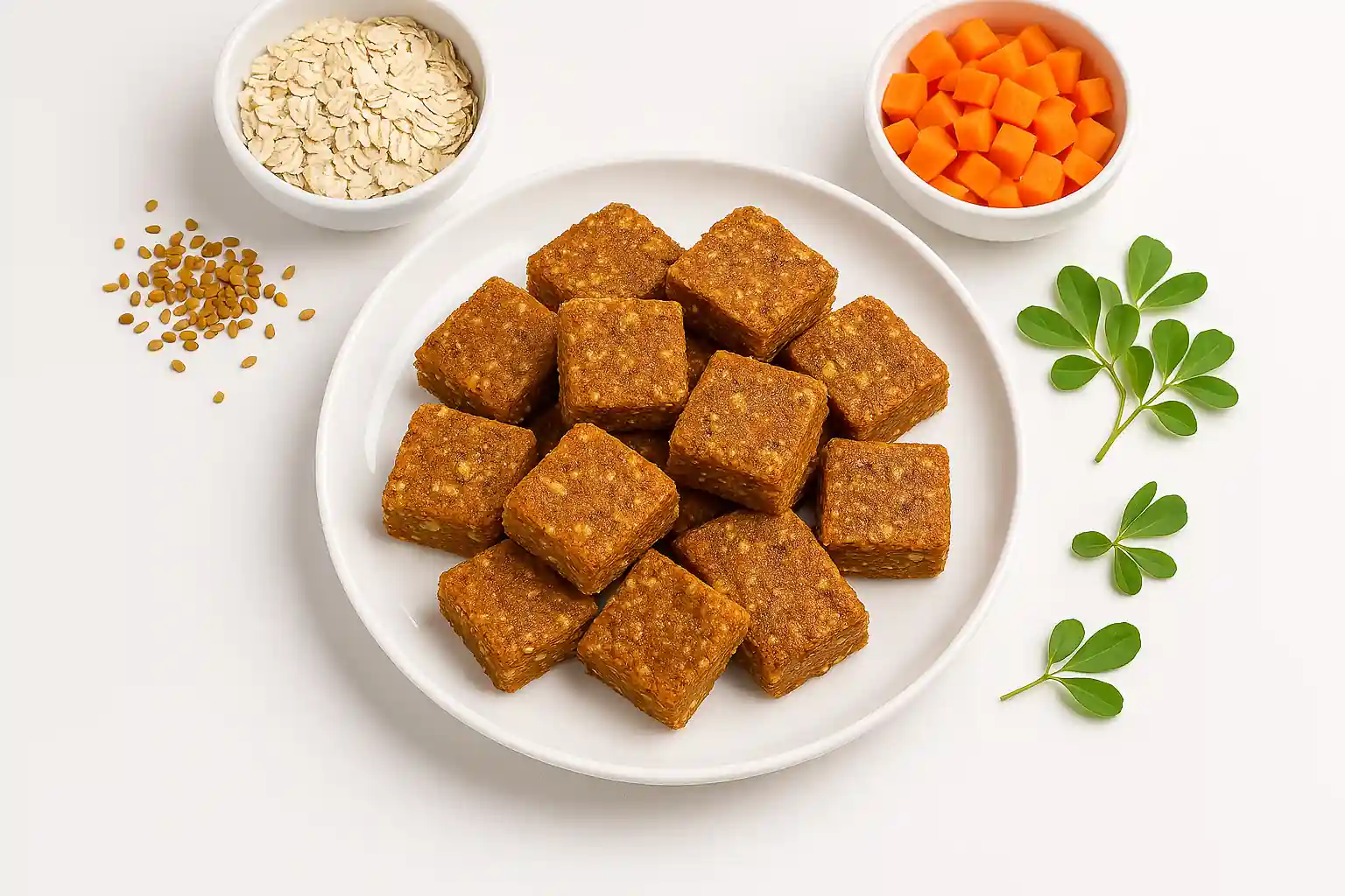 Vibrant fenugreek horse treats arranged neatly on a clean white plate; landscape layout with soft shadows, bright colors, and modern presentation suitable for a blog or recipe website.