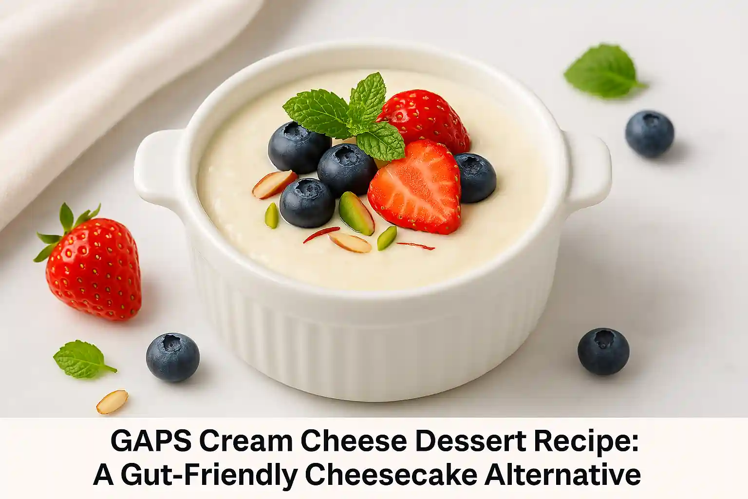 A fresh GAPS cream cheese dessert in a white ceramic ramekin with a nut-based crust, topped with raspberries and mint leaves; set on a clean white surface with soft shadows and vibrant highlights for a health-conscious presentation.