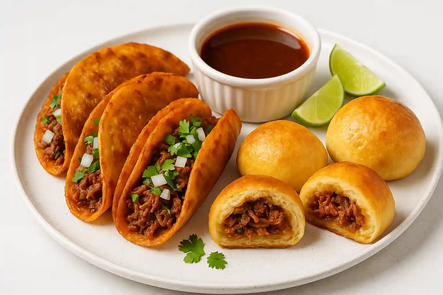 Landscape-oriented photo of Birria Bombs and tacos, freshly plated with rich, vibrant colors on a clean white background. The dish features tender beef wrapped in crispy tortillas, garnished with herbs and served with dipping sauce. Modern, bright presentation with soft shadows for a realistic and inviting look.
