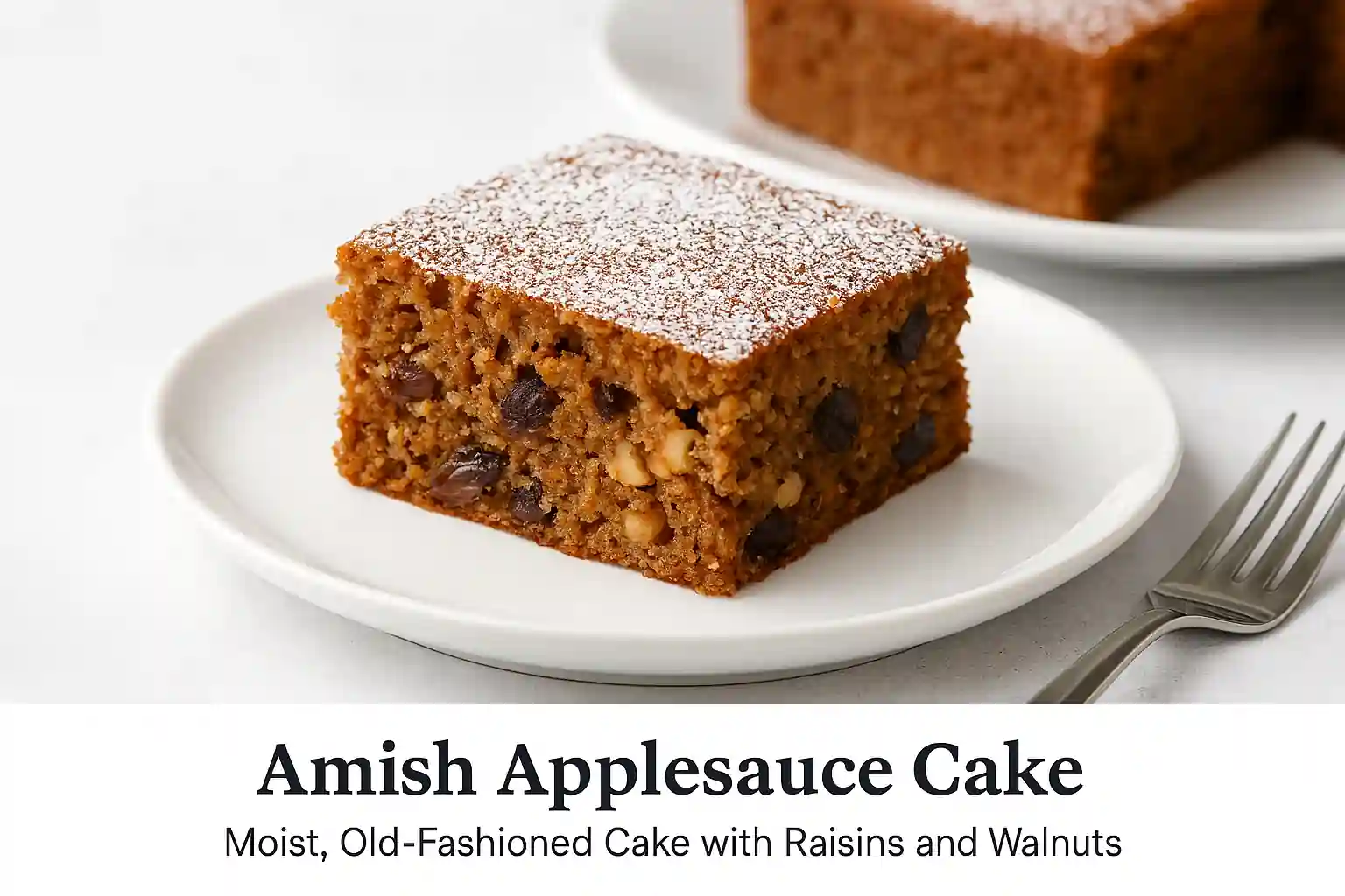 Landscape photo of a moist Amish applesauce cake topped with raisins and walnuts, plated with soft shadows on a clean, bright surface. Vibrant colors and a modern, inviting presentation make the dessert look fresh and appetizing.