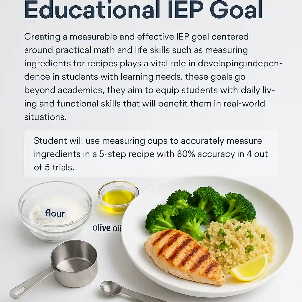 Landscape-format image of a modern kitchen scene featuring fresh ingredients, measuring tools, and a step-by-step recipe card. Designed to illustrate measurable math IEP goals, such as ingredient measurement, time estimation, and life skill development in cooking.
