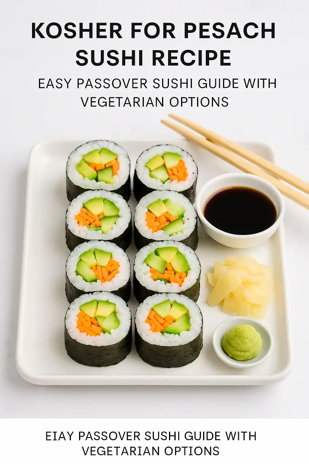 Colorful vegetarian Passover sushi rolls arranged on a clean white plate with fresh herbs, bright vegetables, and soft shadows over a modern white background