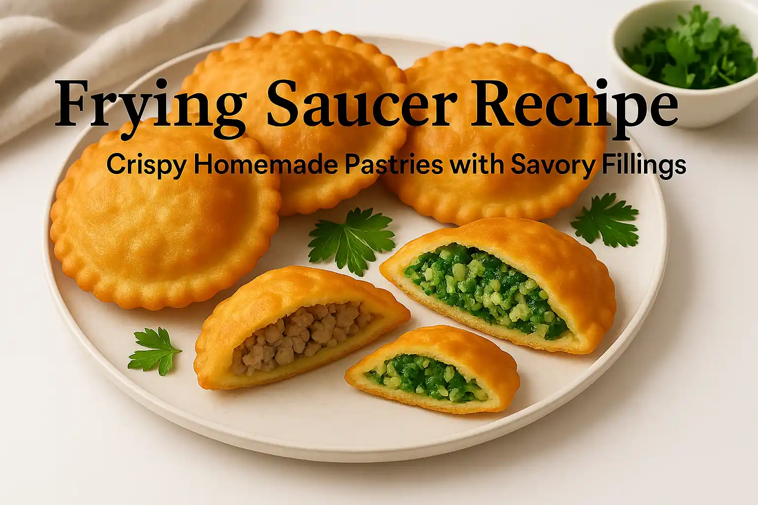 Landscape photo of crispy homemade saucer pastries filled with savory ingredients, arranged on a white ceramic platter with vibrant garnishes and soft shadows against a clean, modern background.